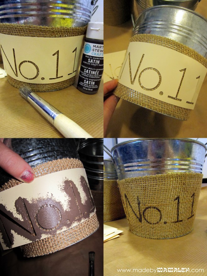 Stenciled Burlap Bucket Wedding Centerpieces